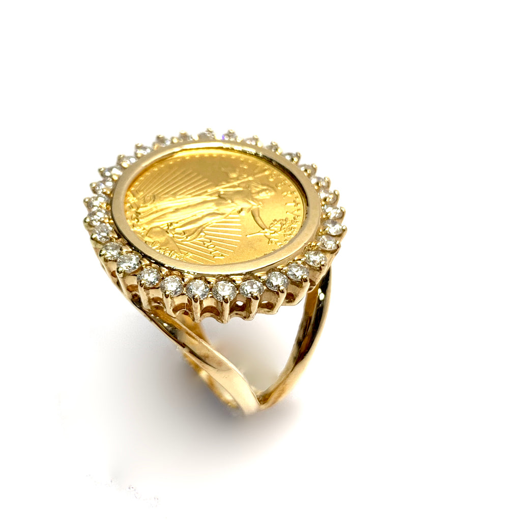 14k Gold 16.5mm Filigree Design Coin Ring With A 22k 1/10 Oz American Eagle  | Sarraf.com
